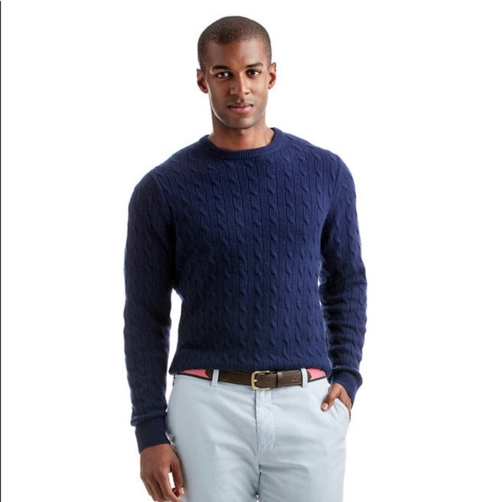 Vineyard Vines Wool Cashmere Navy Blue Merino Cable Knit Men's Sweater Sz Large